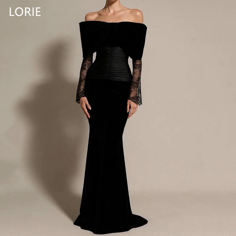 Lorie elegante preto vestidos de festa renda fora do ombro mangas completas vestido de baile de noite bainha sereia vestidos de baile personalizados