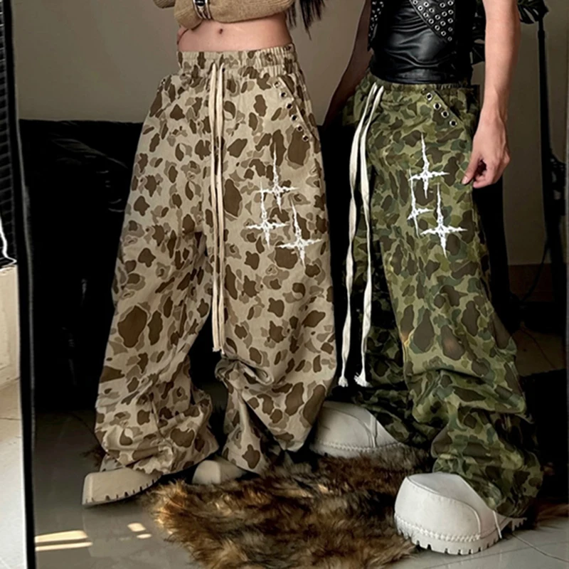 

BIIKPIIK Streetwear Camouflage Pants Casual Drawstring Loose Fit Trousers Fashion Print Elastic Waist All-match Cargo Pants Y2K