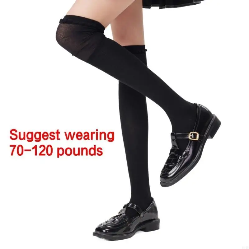 195E النساء اليابانية طالب بلون تمتد فوق الركبة جوارب طويلة أنيقة شبكة الربط كشكش مكشكش الفخذ العليا جوارب #6