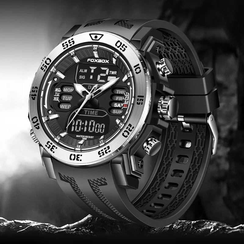 ساعة FOXBOX للغوص للرجال من أفضل العلامات التجارية الفاخرة، ساعة رجالية رياضية خارجية مقاومة للماء، ساعة يد كوارتز رقمية مضيئة للرجال