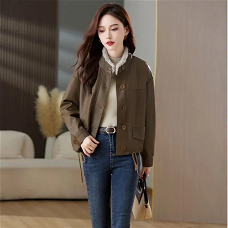 패션 벨벳 두꺼운 따뜻한 가짜 가죽 자켓 가을 겨울 새로운 스탠드 업 칼라 짧은 기관차 코트 여성 느슨한 Outwear T1481