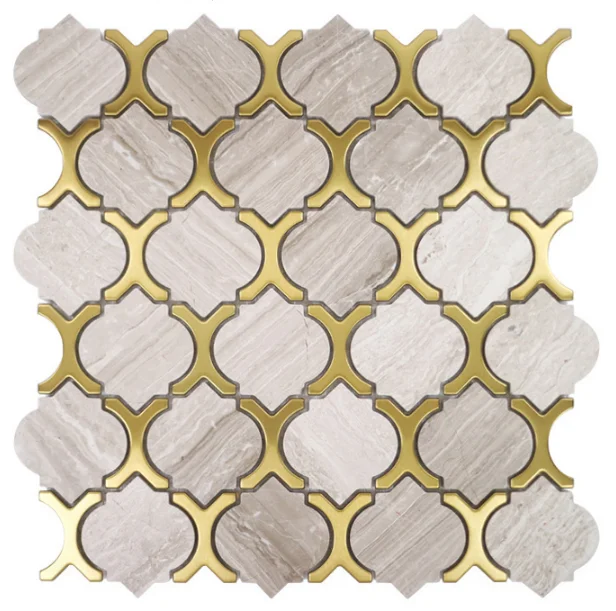 Irregular size gold metal mosaic tile mix beige marble stone tile DIY wallpaper for bar decoration