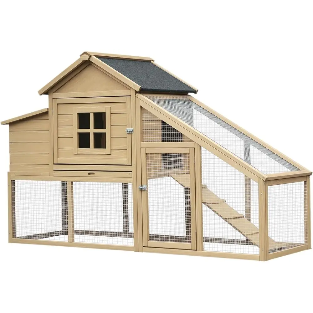 

69" Wooden Chicken Coop, Poultry Cage Hen House with Connecting Ramp, Removable Tray, Ventilated Window and Nesting Box, Natural