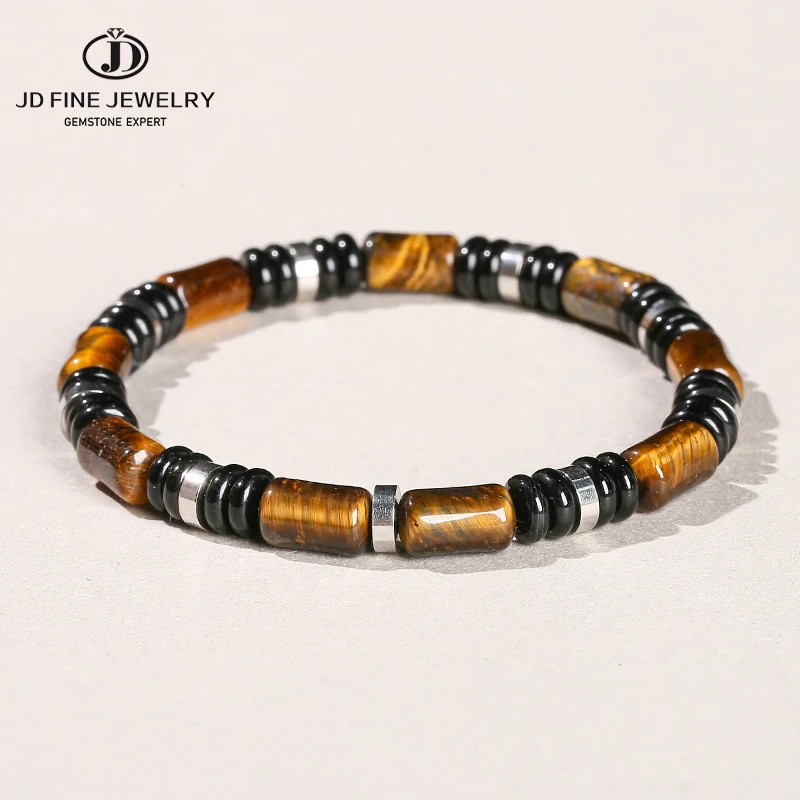 JD Natural Yellow Tiger Eye Stone Tube Shape Bracelets for Women Men Classic Stainless Steel Elastic Bangles Yoga Energy Gifts