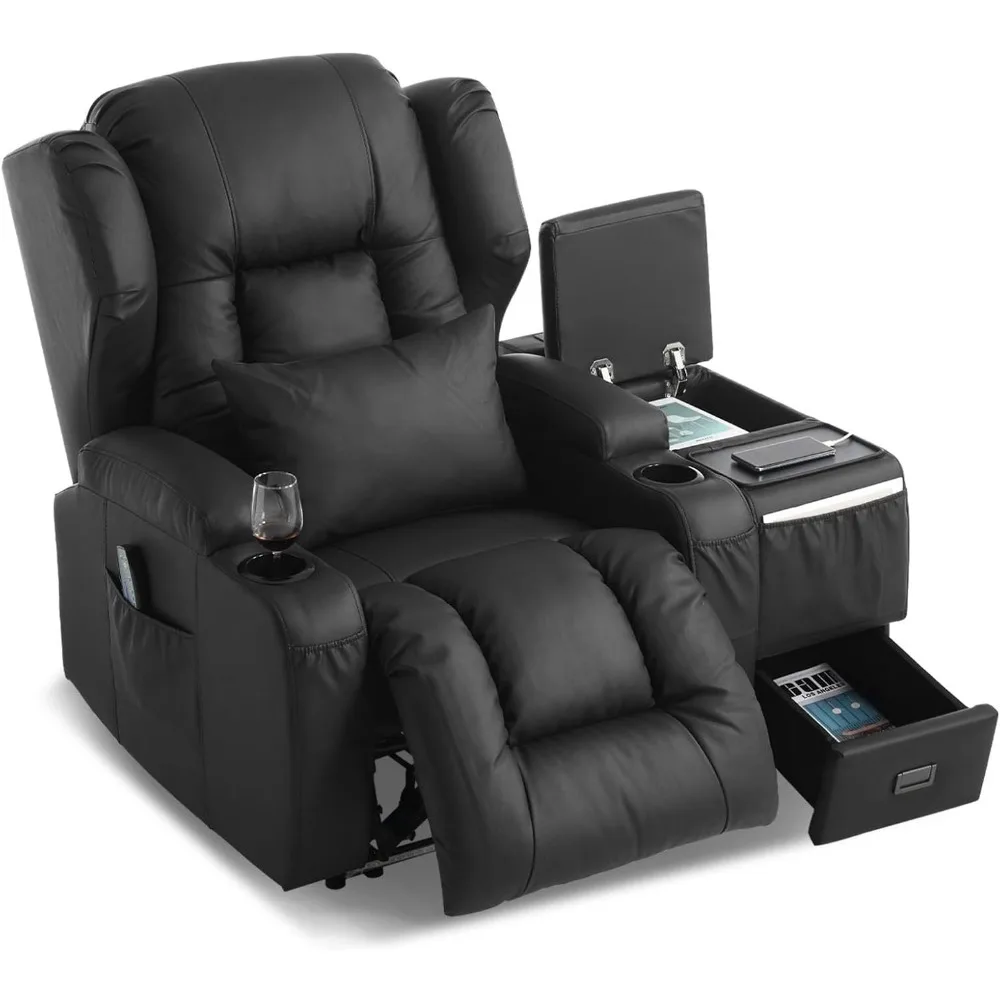 

Power Recliner Chair, Electric Wall Hugger Reclining Sofa with Massage & Heat, Overstuffed Theater Seating with LED/USB Port/Cup