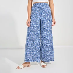 Plus Size Women's Floral Print Trousers Elastic Waist Loose Wide Leg Trousers with Pockets