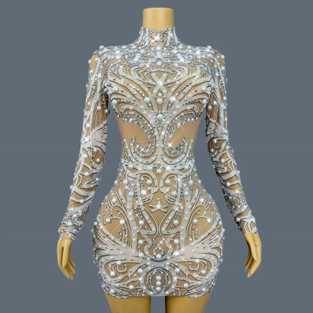 

Sexy Sparkly Rhinestone Pearls Tight Fitting Dress Birthday Costume Night Club Event Dress Party Women Stage Outfit Xuehuabing