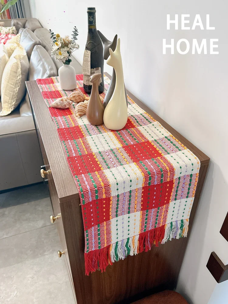 

Vintage red and white plaid braided tassel cotton long table runner