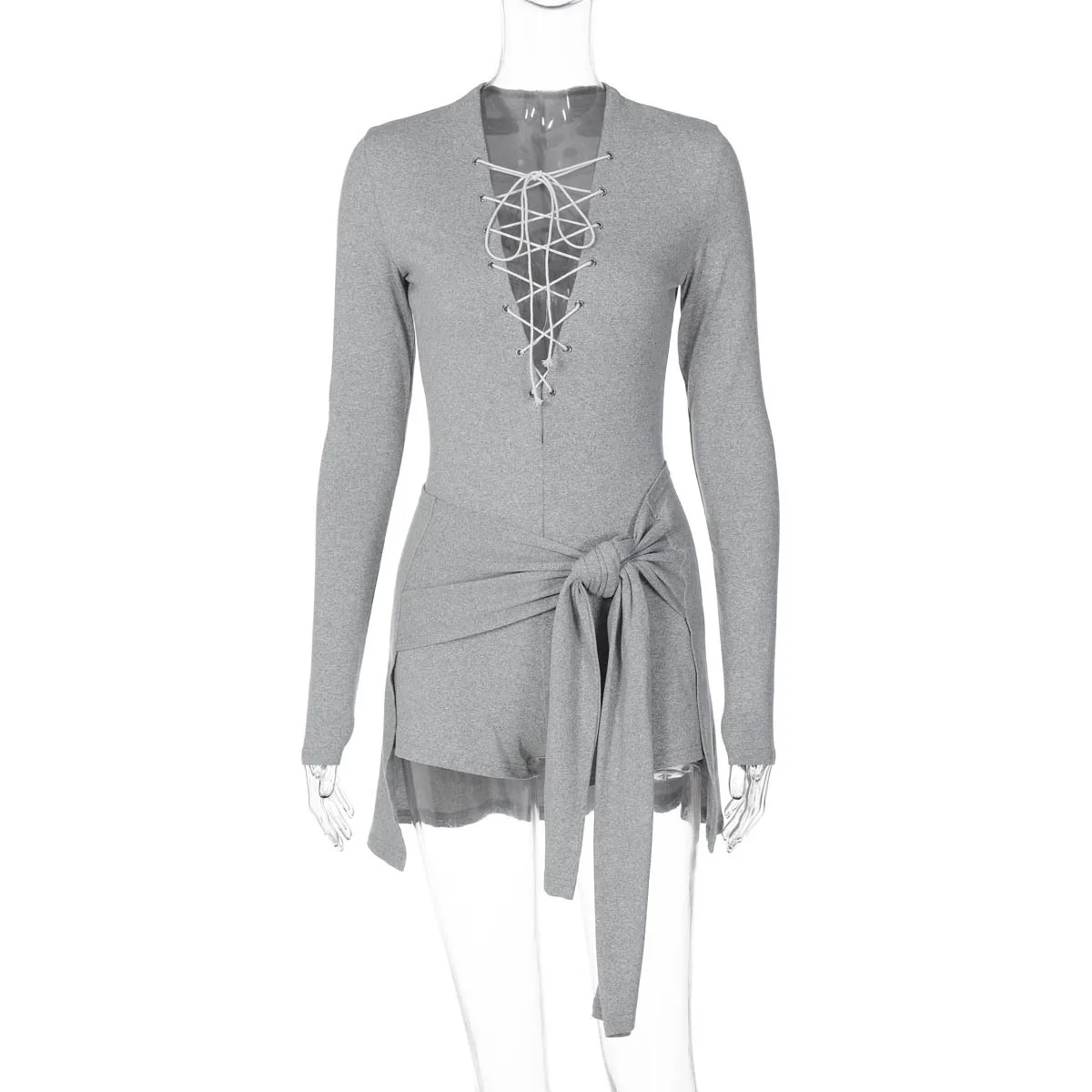 جروميت الدانتيل يصل الجوف خارج عارضة Playsuits المرأة مثير العميق الخامس الرقبة كم كامل ضمادة تنورة السروال القصير أزياء ضئيلة الشارع الشهير