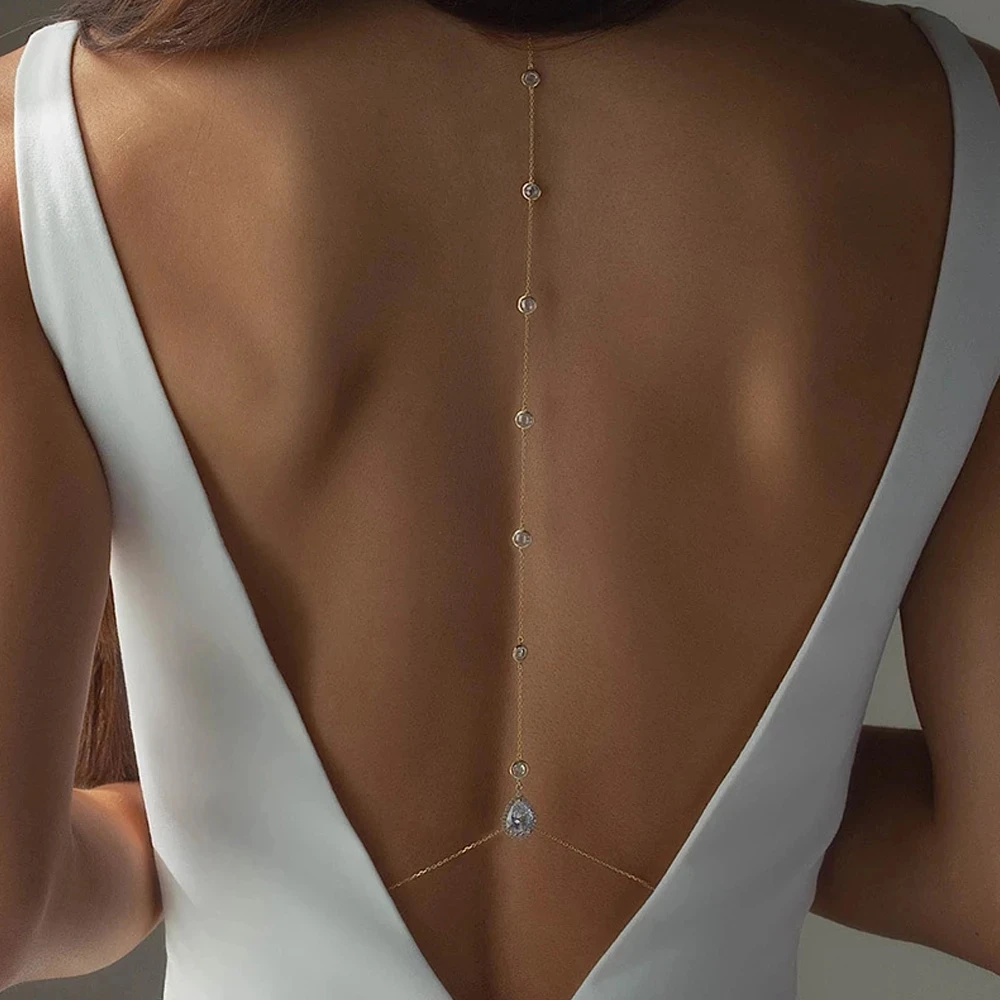 Stonefans Zircon Water Drop Crystal Back Chain Necklace for Bridal Elegant Wedding Sexy Fashion Backless Dress Jewelry for Women