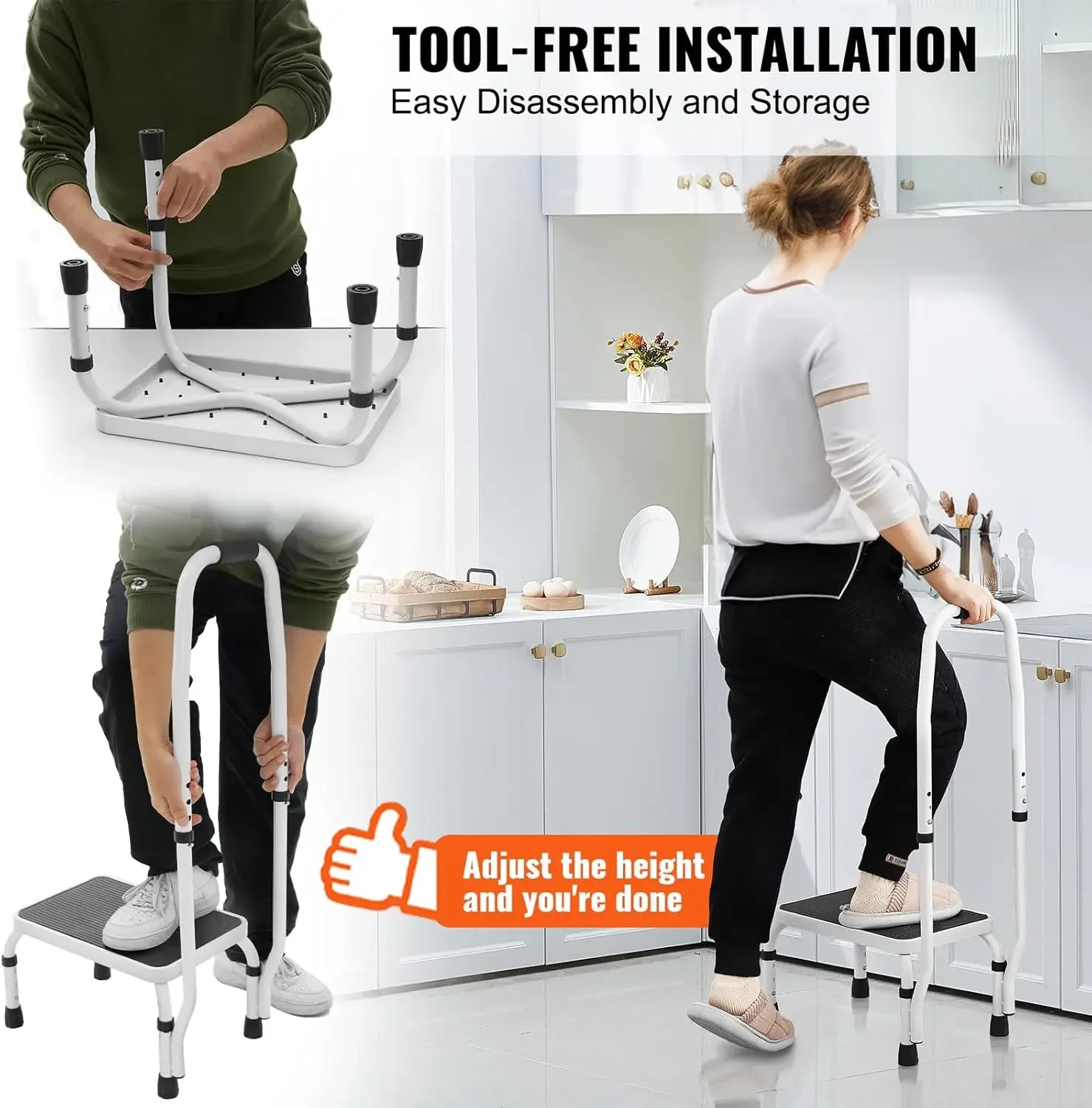 Step Stool 1-Step 330lbs Capacity,3 Adjustable Height with Handle Steel Step Ladder,Portable Toddler Step Stools for Adults