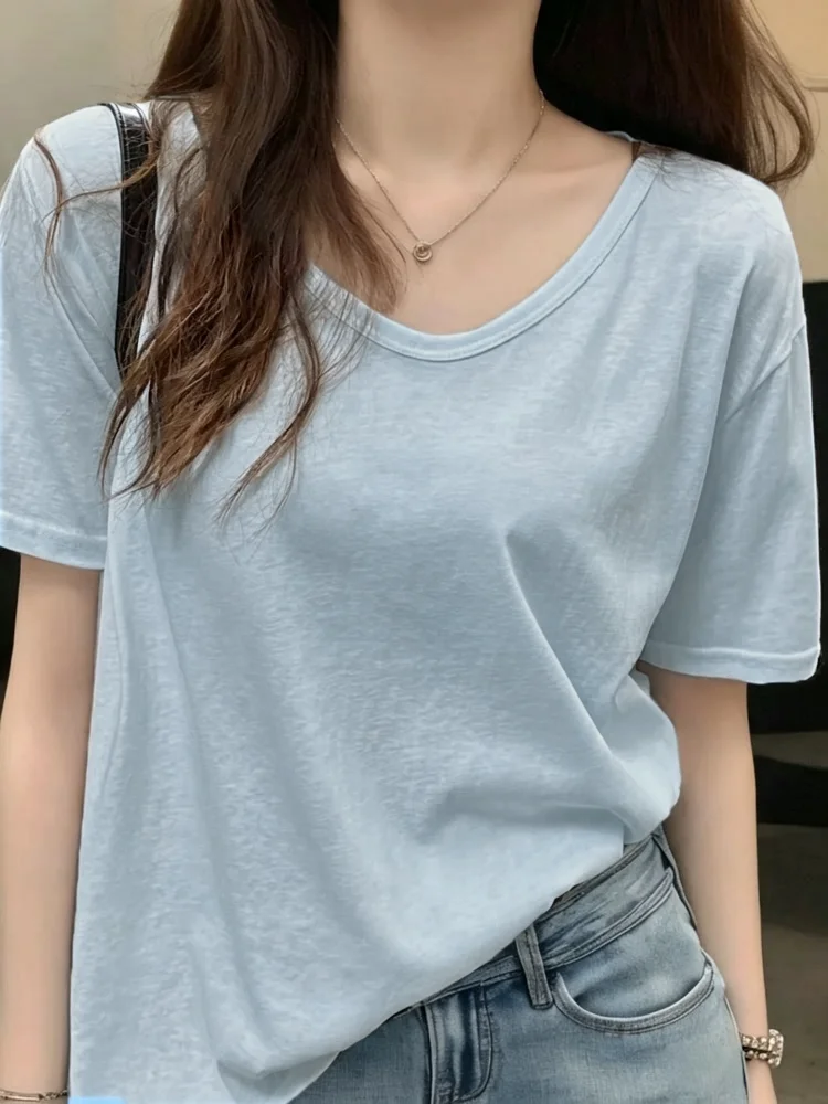 Slimming Ice Silk Snowflake Cotton Short Sleeve T-Shirt Women's plus Size Loose Thin V-Neck Casual Pure Color Top