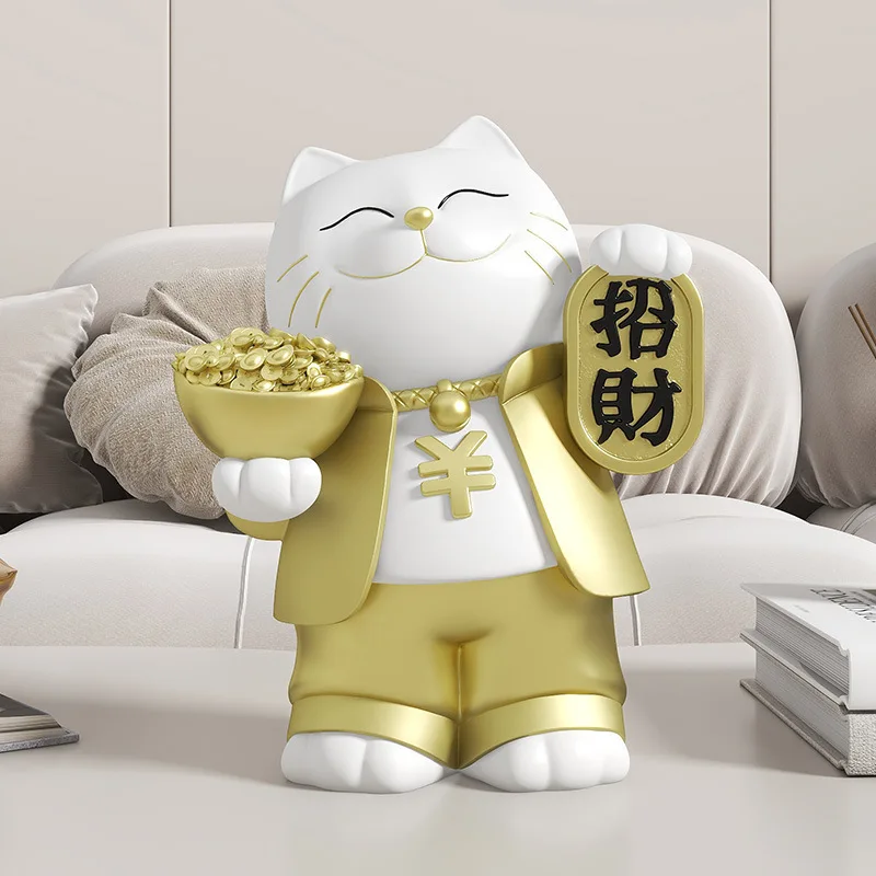 Maneki-neko Ornament for Living Room Home Decor with Ingot, Premium Housewarming Gift & Grand Opening Present for New Stores