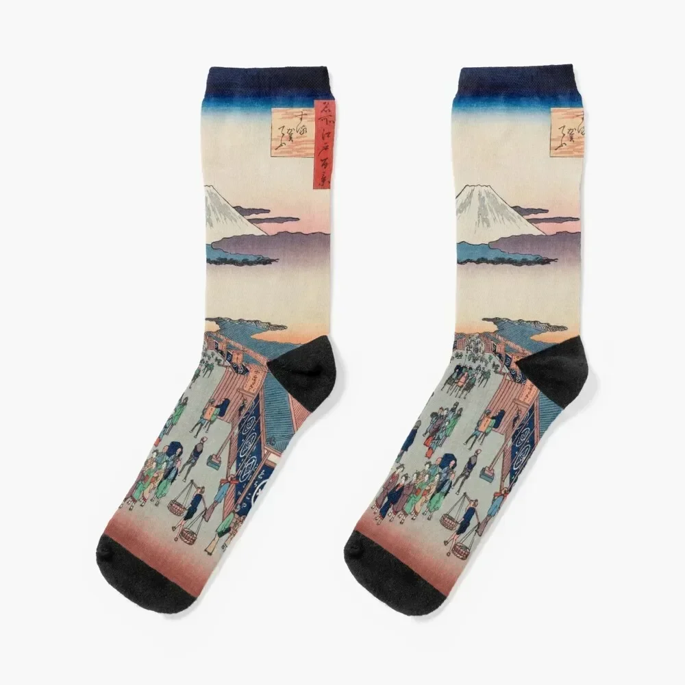 Mount Fuji above Ancient Street Ukiyo-e Japanese Art Socks gym luxury japanese fashion anti-slip Girl'S Socks Men's