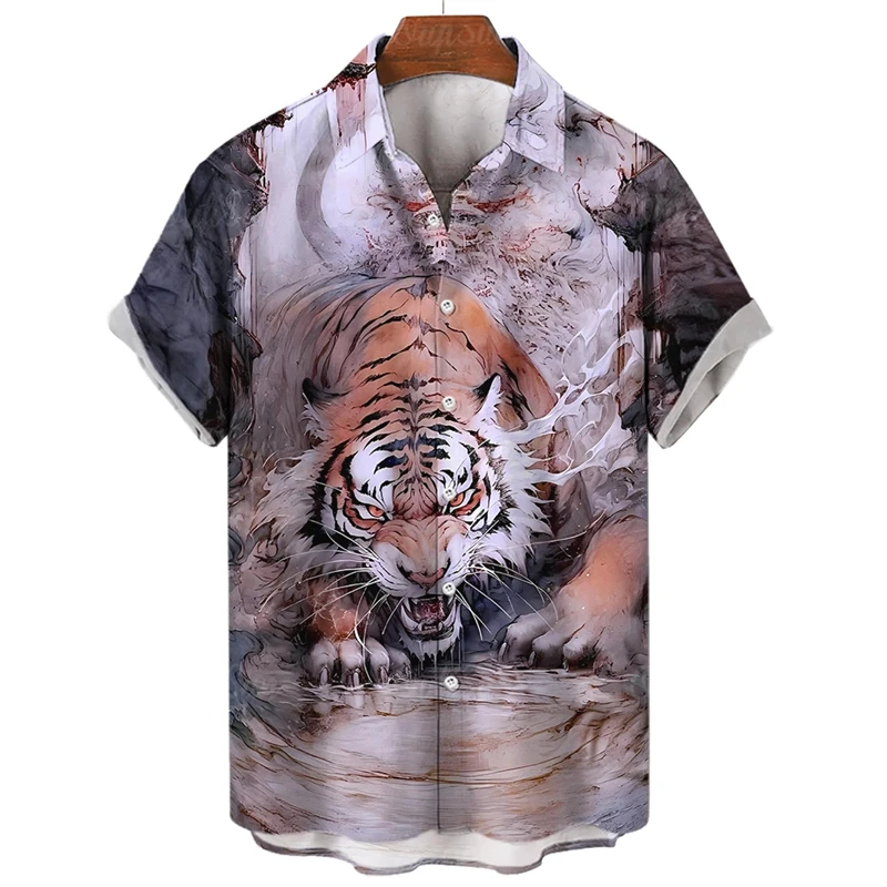 Summer Animal Tiger  3D Print Shirts Men Fashion Shirt Casual Harajuku Streetwear Short Sleeve Shirt Blouse Man Clothing