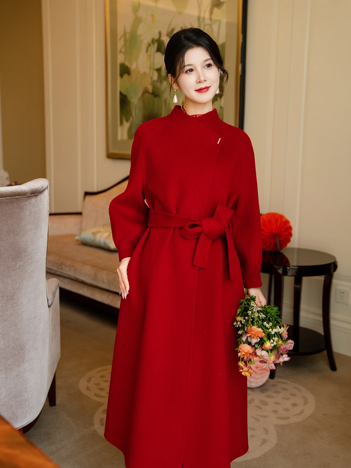 

Красное двустороннее шерстяное пальто средней длины, женская твидовая верхняя одежда, свадебный наряд, формальная одежда, повседневная одежда для дома