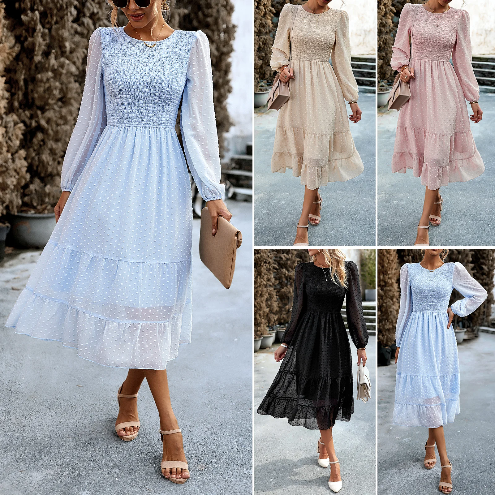 

Casual O Neck Puff Sleeves Dress Loose Elegant Solid Polka Dot Jacquard Long Skirts Simple High Waist Tunics Evening Party Frock