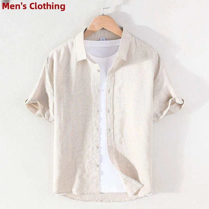 

Loose Men's Cotton Linen Shirt Short Sleeve Stand Collar Japanese Style Casual Pure Color Top Loose White Cotton Linen Shirt