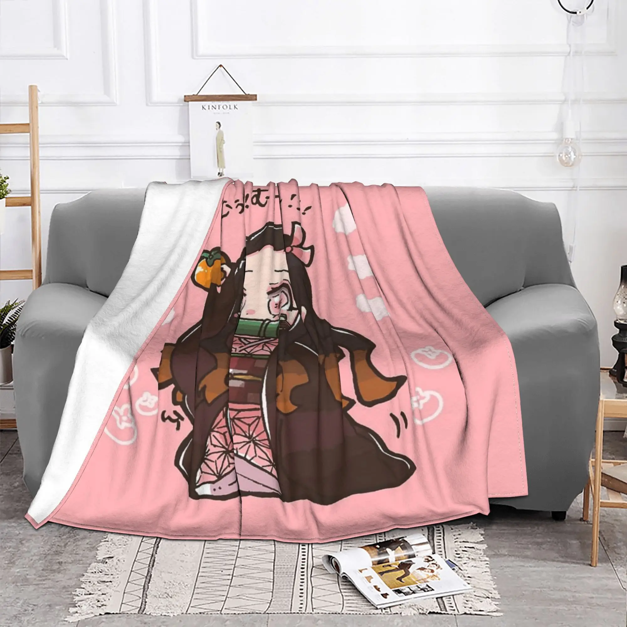 Demon Slayer Anime Blanket Fleece Kamado Nezuko Devil's Blade Ultra-Soft Throw Blankets for Airplane Travel Bedroom Quilt