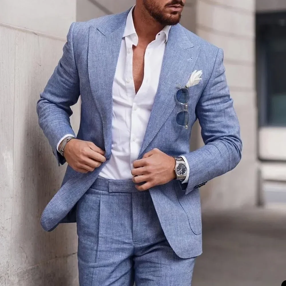 Fashion Linen Suits for Men High Quality Peak Lapel Double One Button Male Suit Slim Chic Casual Wedding Tuxedo 2 Piece Costume