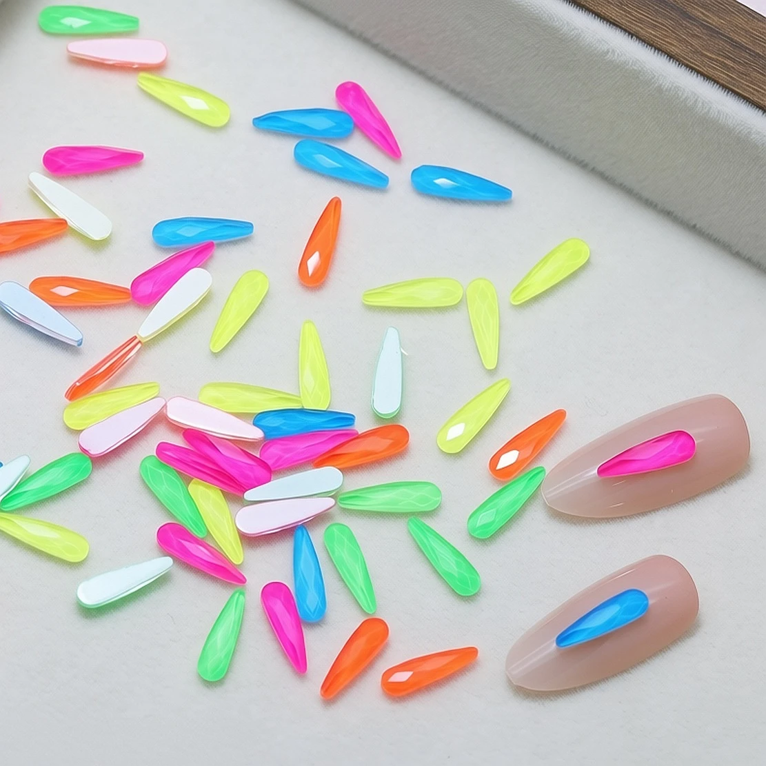 100PCS Fluorescent Color Long Droplet Shape Flatback Nail Art Rhinestone Accessories For Nails Decoration Manicure Supplies