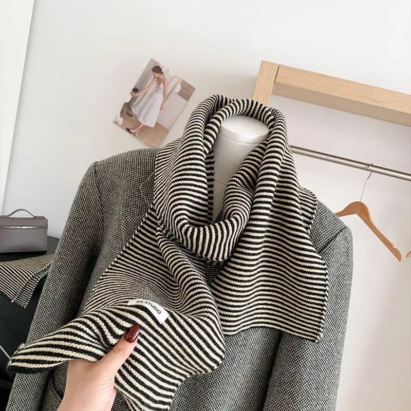 Japanese Knitted Striped Scarf Women's Fashionable Versatile Concave Shape Small Scarf To Keep Warm in Autumn and Winter