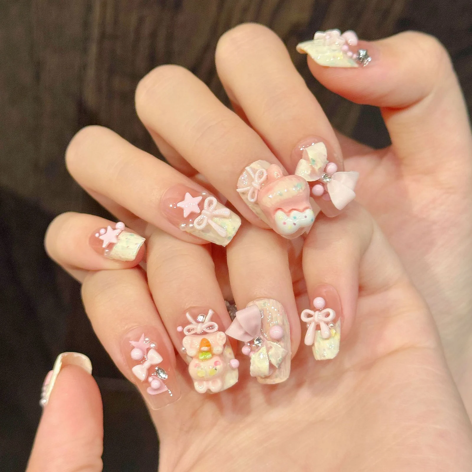 10 Uds. De uñas postizas francesas bonitas, uñas postizas hechas a mano con dibujos animados, decoración de lazo de estrella 3D, cobertura completa, rubor, punta de uña Artificial de Ballet