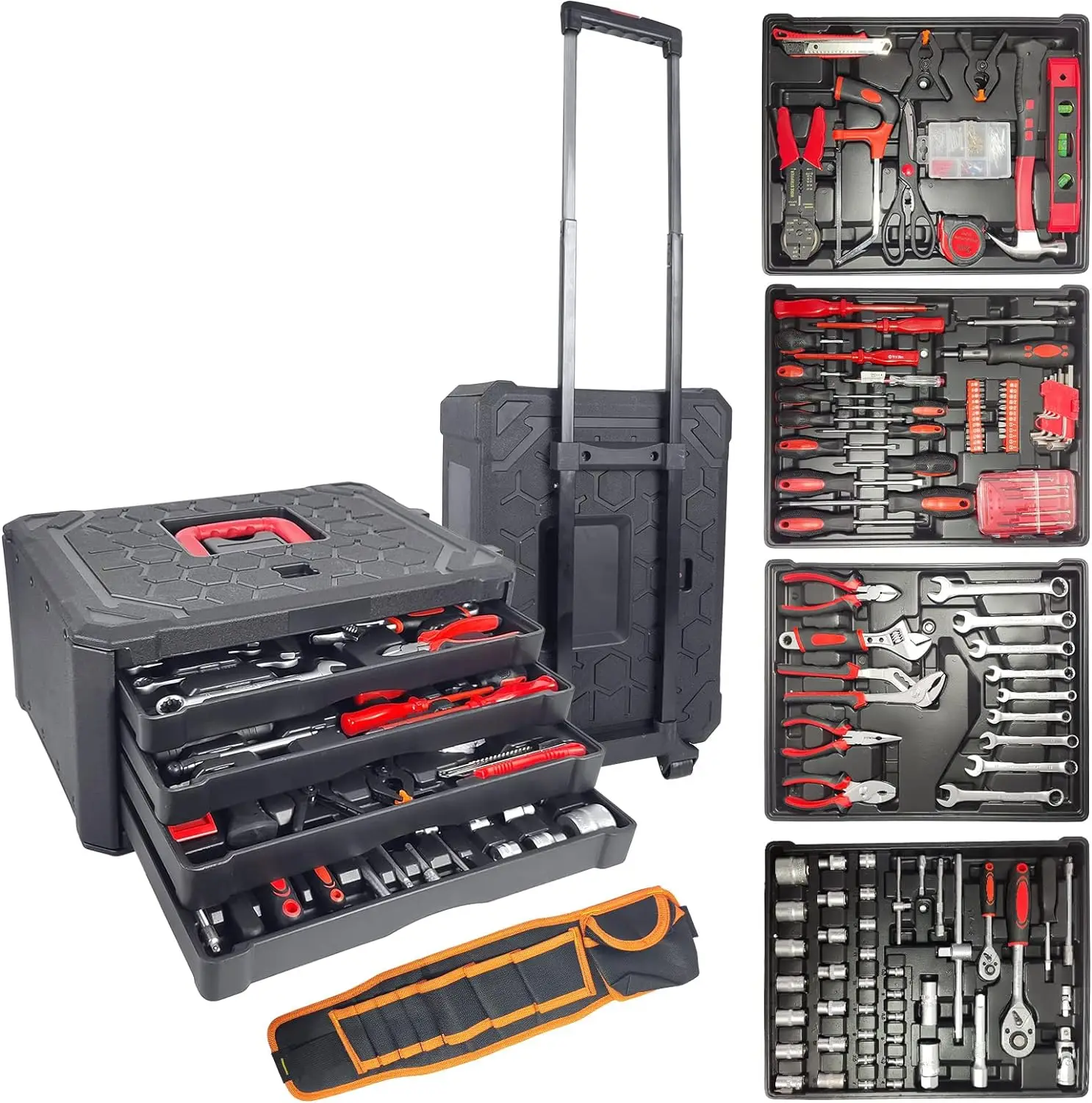 

188-Piece Tool Set with Wheels, Kit with Rolling Tool Box, Four-Layer Kit, Toolbox Storage Case with Drawer