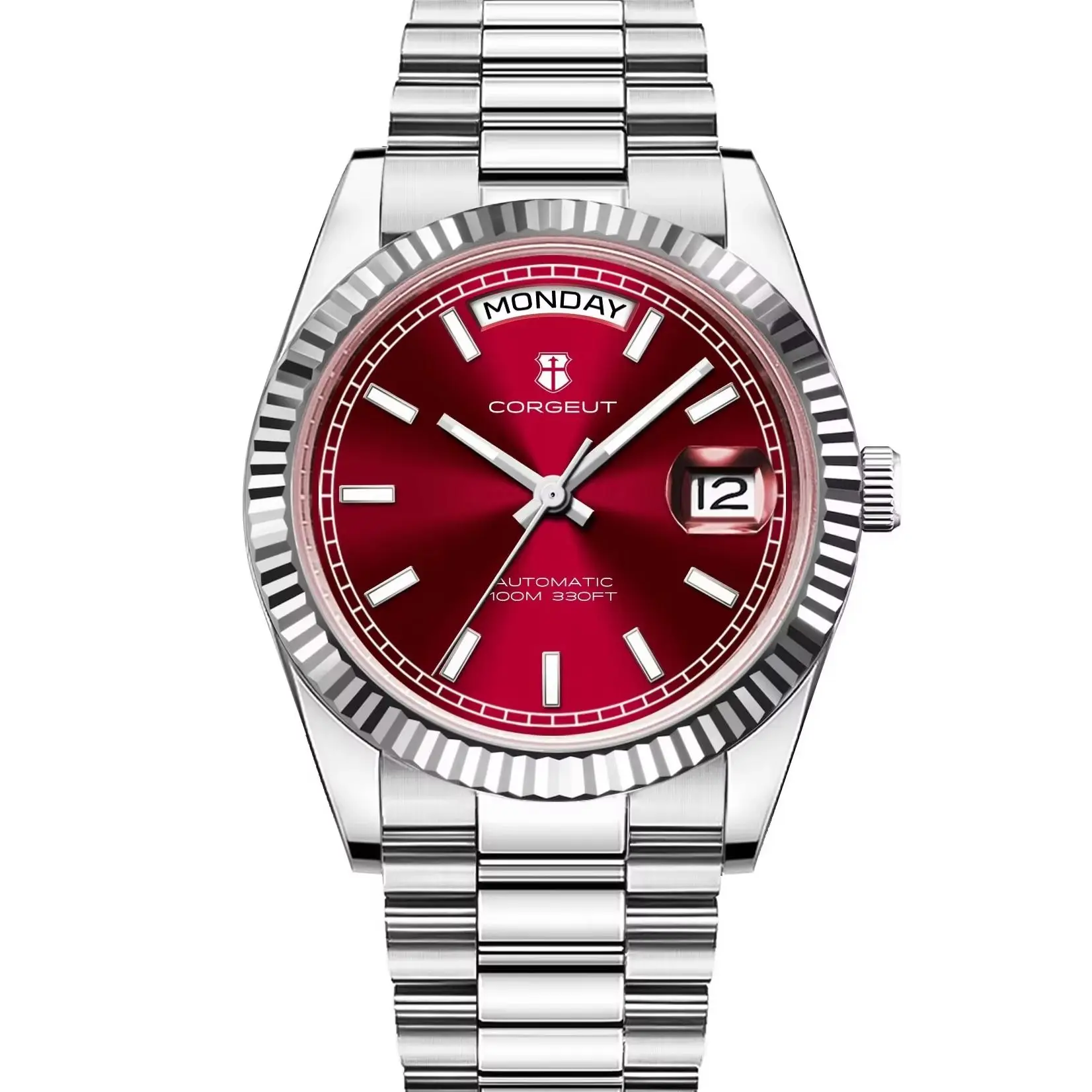 CORGEUT NH36 ساعة ميكانيكية للرجال تاريخ الأسبوع عرض الرئيس سلسلة حزام الصلب ساعة الخيوط قوس الحافة waterp