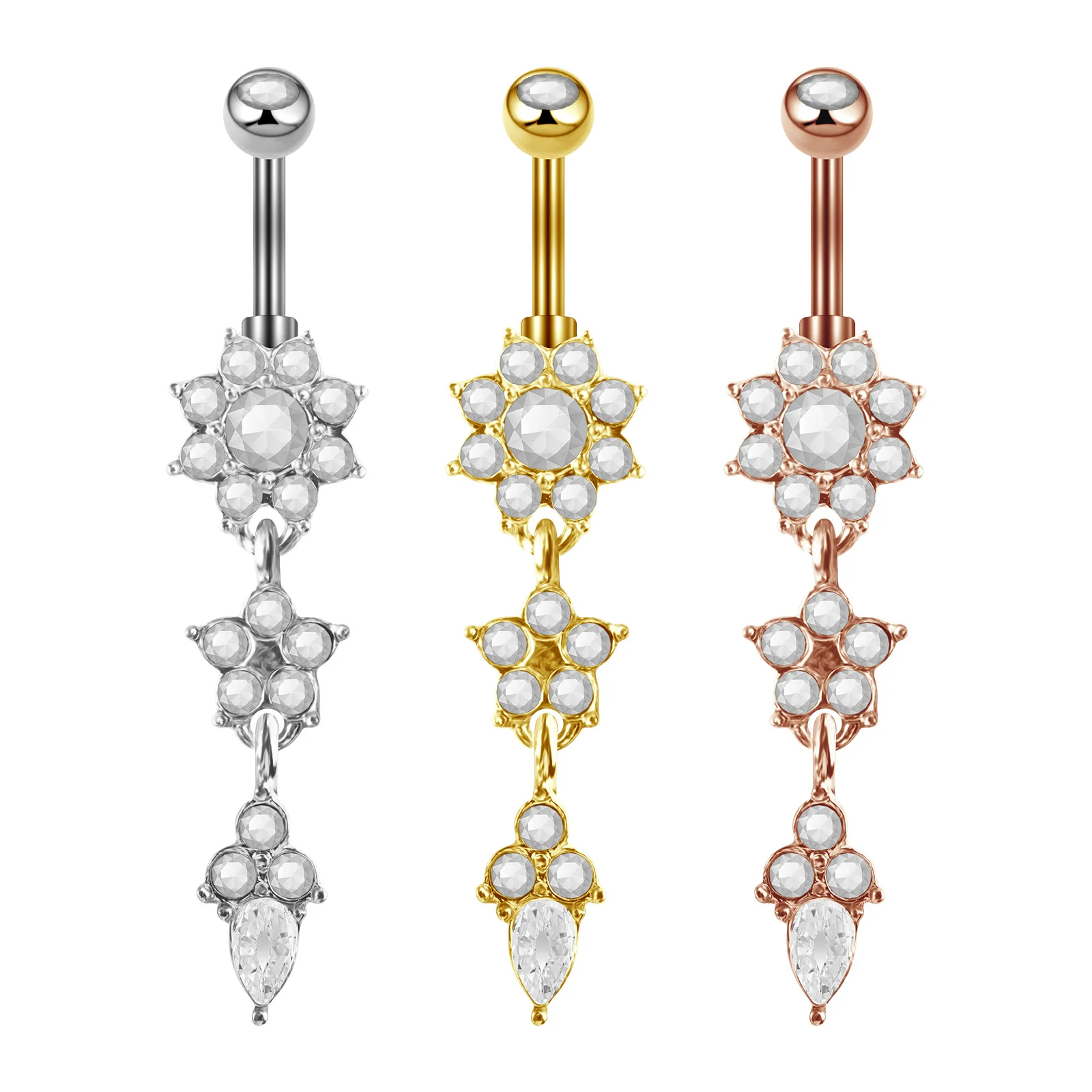 CZ Flower Belly Button Rings 316L Steel, Diamond Petal Navel Barbell Hypoallergenic Shiny Body Piercing Jewelry for Women 14G