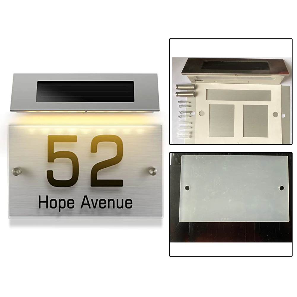 Solar Powered Address Sign Light Stainless Steel 18 LEDs Dual Color Outdoor Address Display for Yard Garden Patio Porch