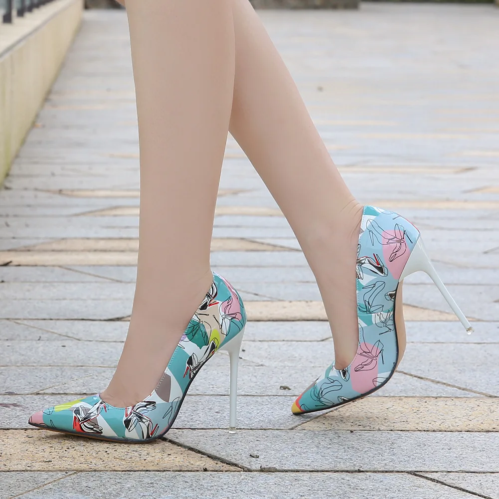 Women Heels Graffiti Colorful Bridal Shoes Women Pumps Sexy High Heels Pointed Toe Party Wedding Shoes Stiletto Plus Size 35-42