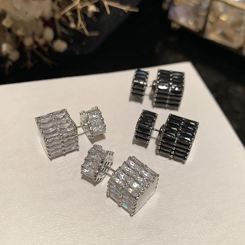 Vintage Multi Row Paved Double Sided Rectangle CZ Square Stud Earrings Silver Tone Timeless Gift Jewelry