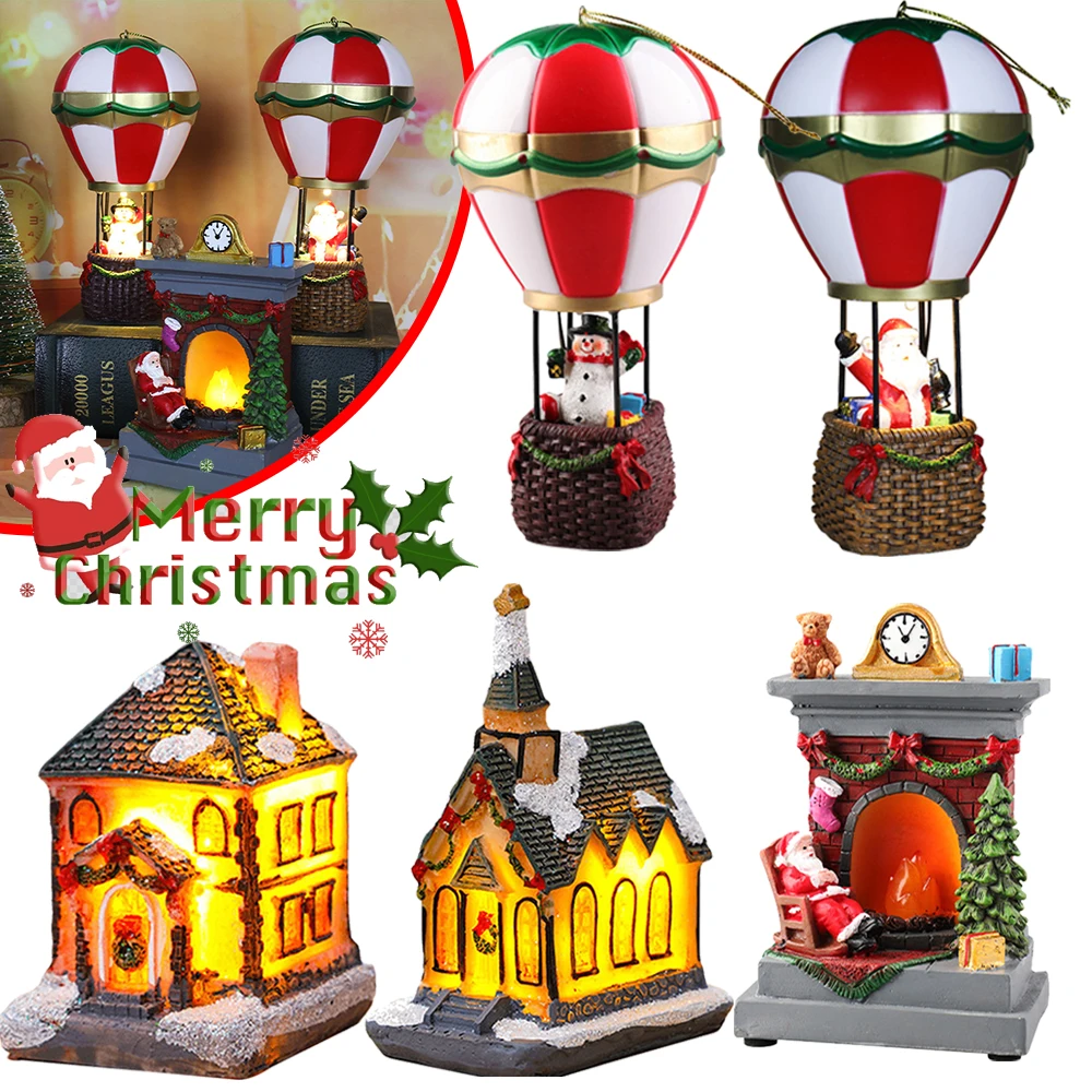 Christmas LED Light Snowman Santa Claus Hot Air Balloon Village Ornaments Christmas Kid Gifts Navidad Christmas Decoration 2023