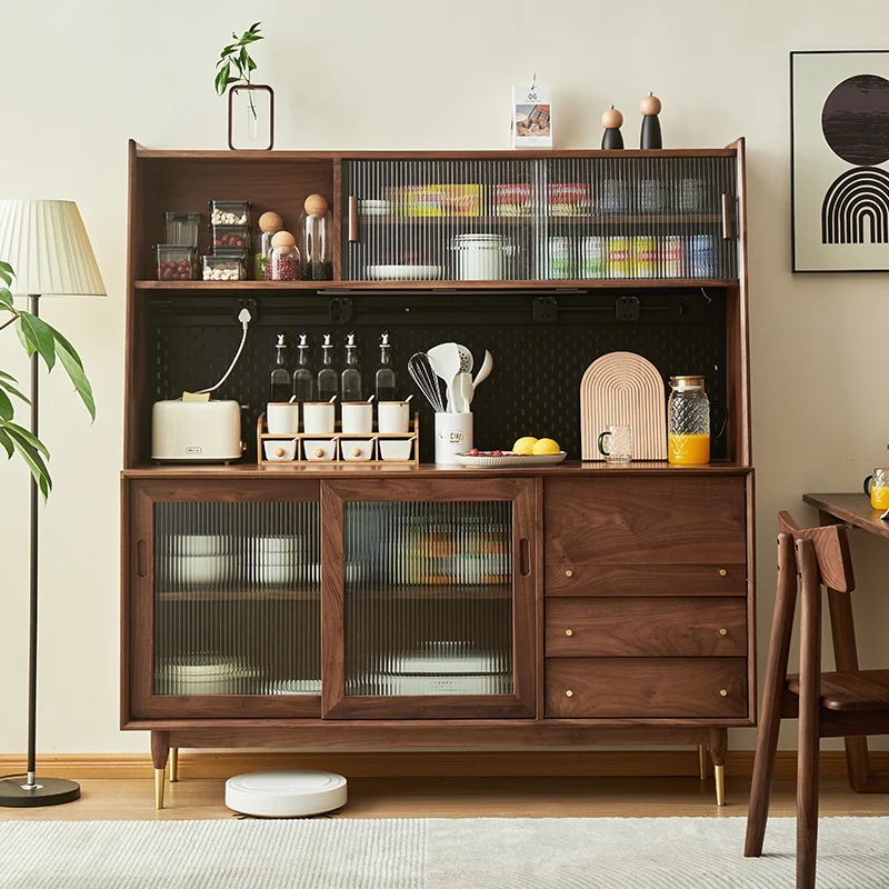 Black walnut side cabinet, hole board, Japanese-style all-solid wood tea cabinet, kitchen and dining room high cabinet integrate