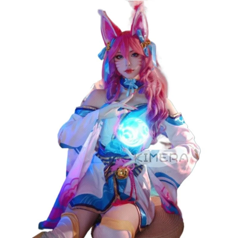 

Game LOL Ahri Cosplay Costume Anime The Nine-Tailed Fox Spirit Blossom Wig Shoes Adult Dress Halloween Sexy Woman Kimono Suit