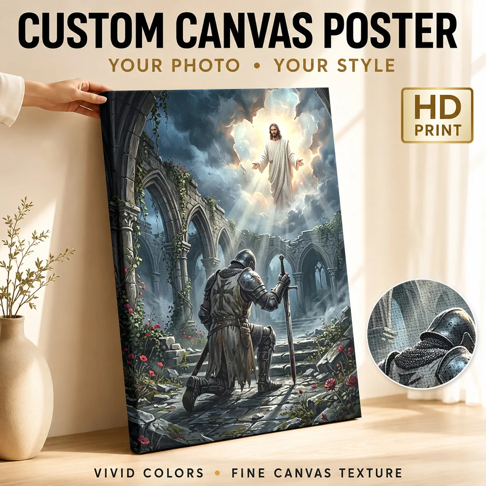 Knight Kneeling Before Divine Light Canvas Poster Personalized Photo Modern Aesthetic Canvas Wall Art for Office Hallway Decor