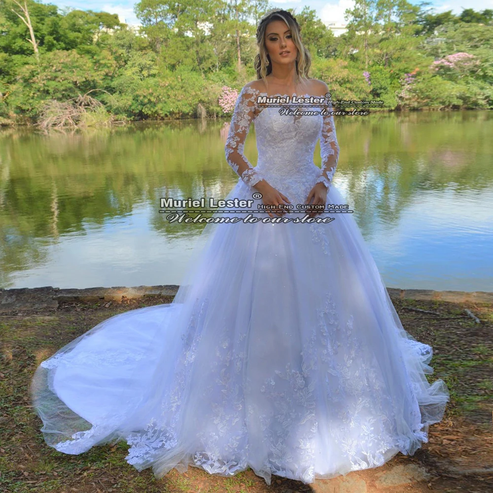 Robe De Soirée De luxe en dentelle, ligne A, manches longues, avec traîne, pour femmes