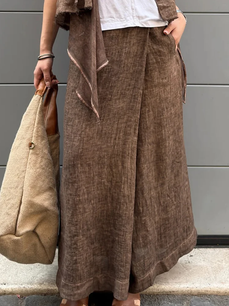 بنطلون مرقع بجيب غير رسمي للربيع والصيف، سروال نسائي بسيط بخصر عالي المرونة وواسع الساق، سروال نسائي أنيق فضفاض جديد لعام 2025