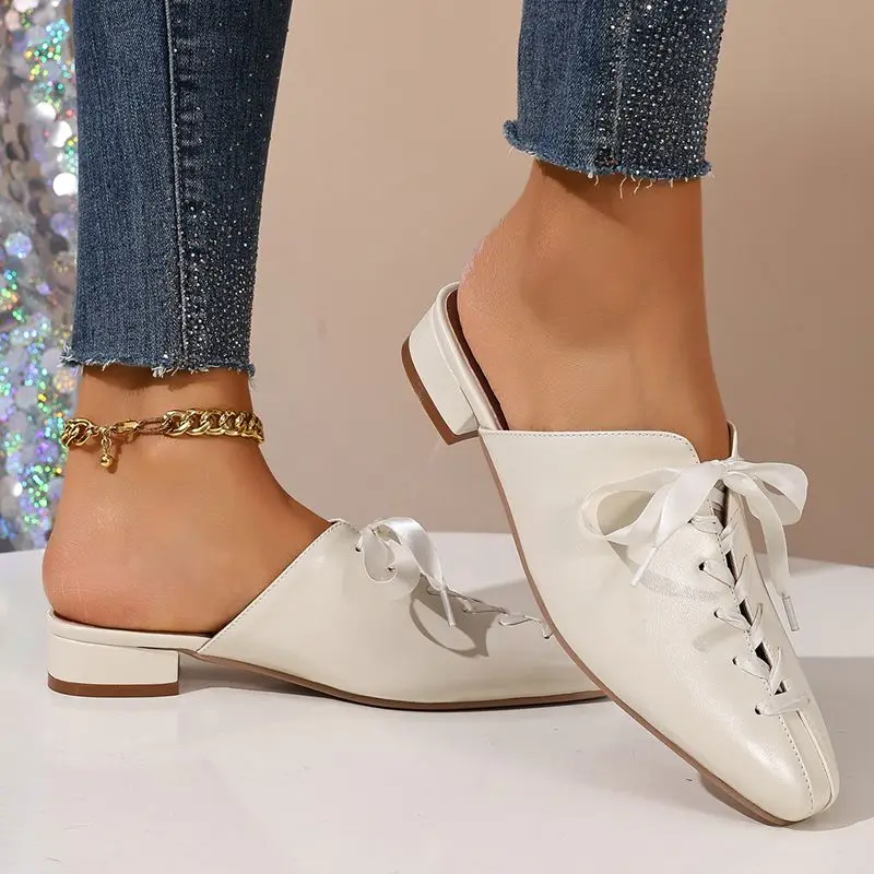 ORCHA LISA Fashion Women Flats Round Toe Slip Mules Butterfly Knot Plus Size 44 45 Leisure Outdoor Female Shoes Footwear Fall
