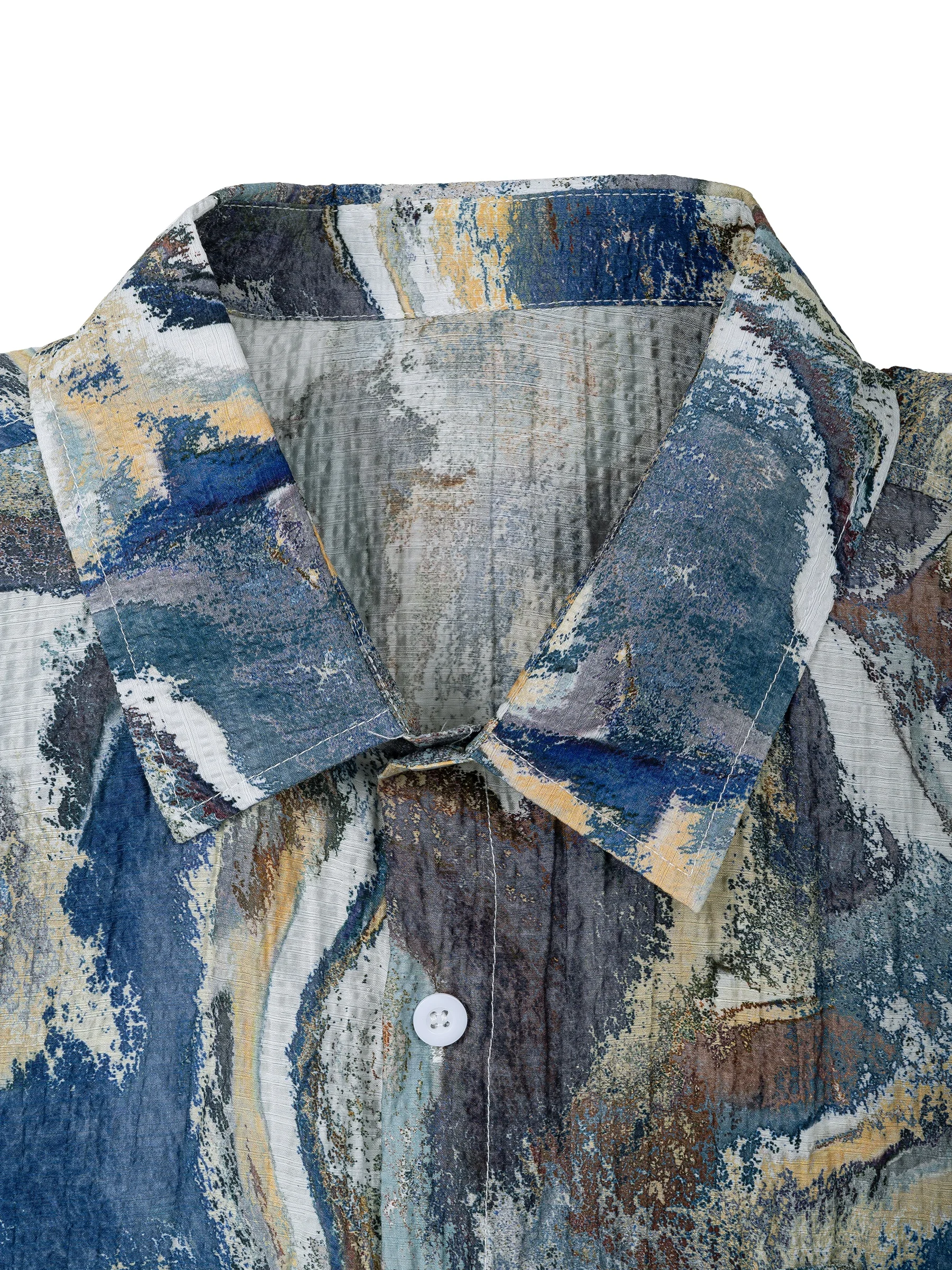 Men's Printed Shirt, Ink-Wash Fashion Beach Carousel With Buttons, Lapel Pockets, High-Quality Summer Short-Sleeved Top