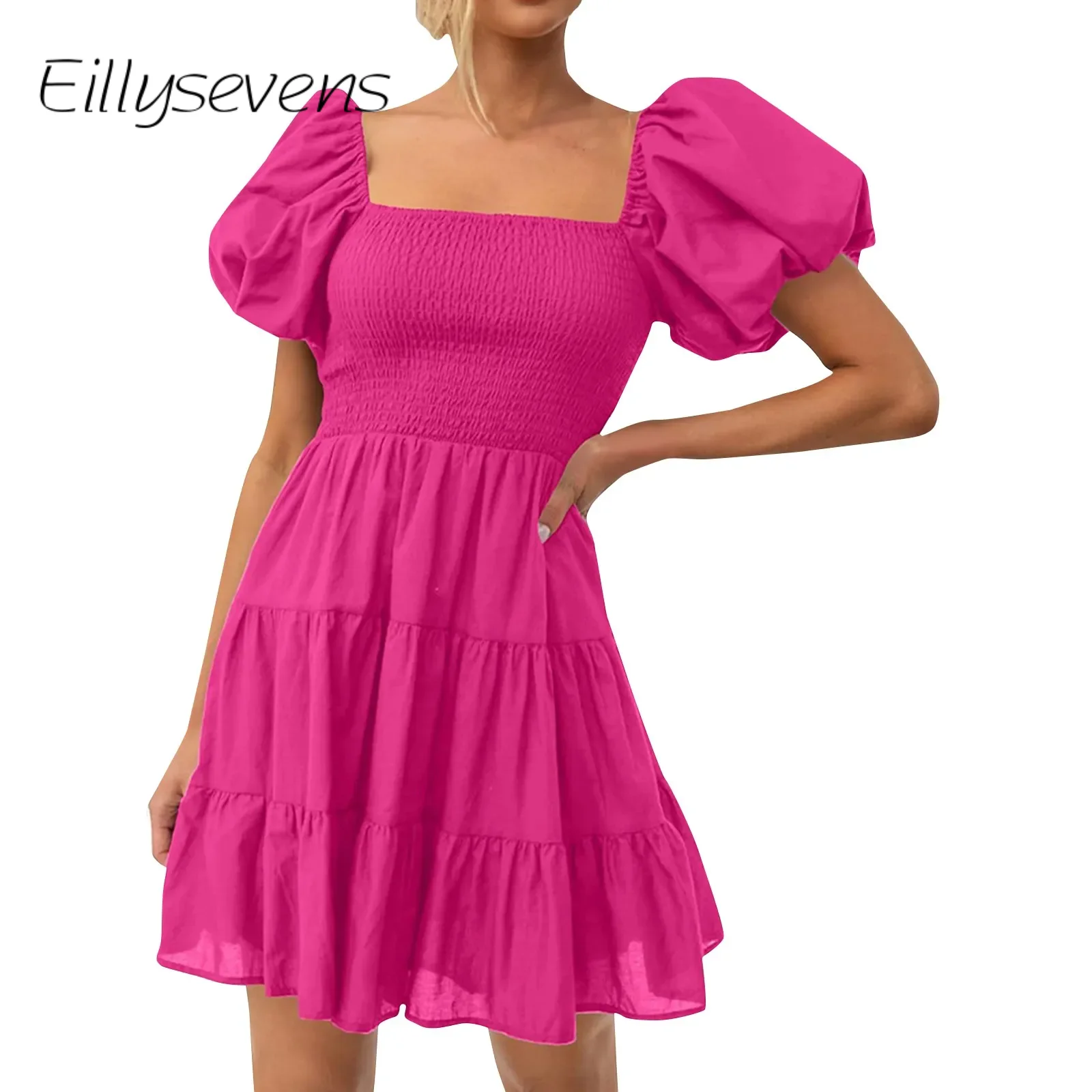 

Women'S Dress Short Bubble Sleeve Pleated Ruffle Tiered Dress Square Neck A-Line Large Hem Solid Color 2024 Fashionable Dress