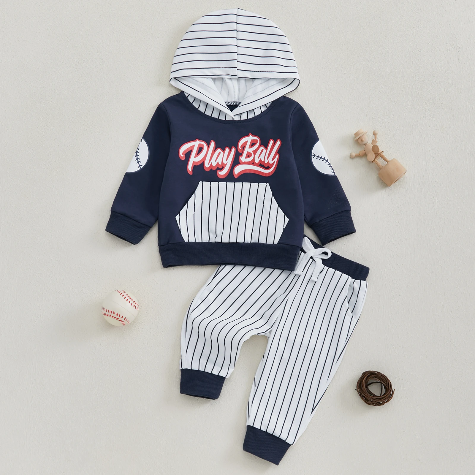 3M-3Y Toddler Boys Fall Outfits Baseball Print Hooded Long Sleeve Hoodies Sweatshirts and Stripe Long Pants 2Pcs Clothes Set