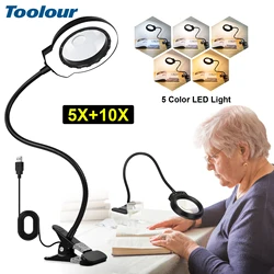 Toolour 5X/10X Magnifying Glass with 5 Color LED Light Gooseneck Arm Illuminated Magnifier Lamp for Soldering/Reading Close Work