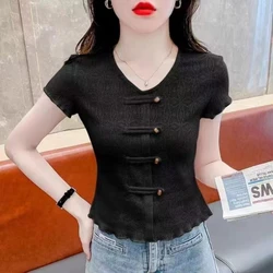 Summer Women's Clothing Round Neck Hook Flower Hollow Solid Color Pullover Short Sleeve Button T-shirt Casual Office Lady Tops