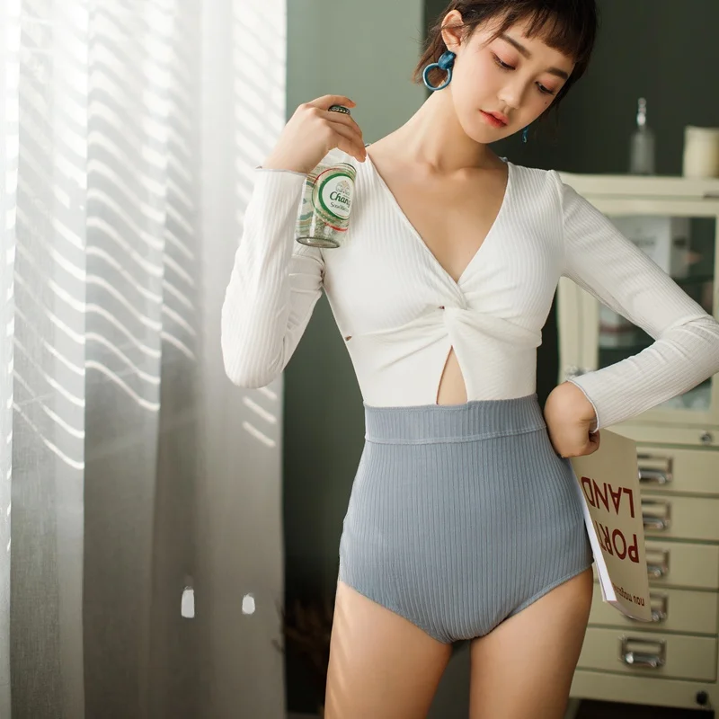 

High-End Luxury One-Piece Swimsuit Long Sve Women's Hot Spring Soft Pluy Blue Color Contrast Sexy Slimming Cover-Up