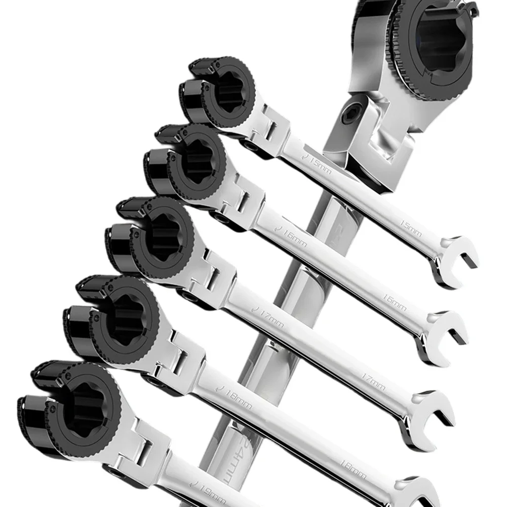 1pc Double-Sided Flexible Head Brake Line Wrench 10-19mm Extra Long Flex-Head Ratcheting Wrench Reversible Ratchet Wrench Tool