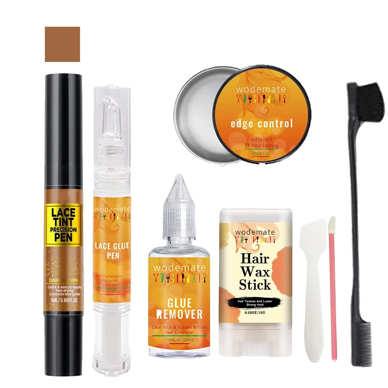 Penna di precisione per tinta pizzo da 5 ml Colla per pizzo per parrucca da 5 ml Dispositivo di rimozione per parrucca da 30 ml Controllo del bordo da 20 g Bastone di cera per capelli da 15 g Kit da viaggio Facile da trasportare