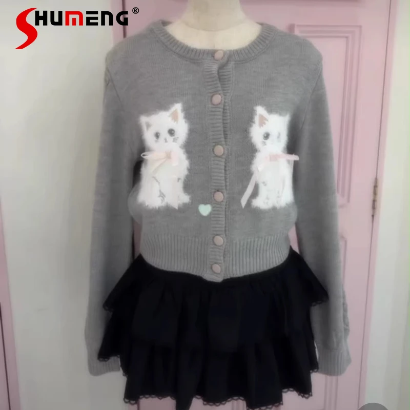 

2026 Spring And Autumn New Japanese Style Cute Twin Cat Knitted Cardigan Y2k Clothes Single-breasted Jacket Two Colors Available