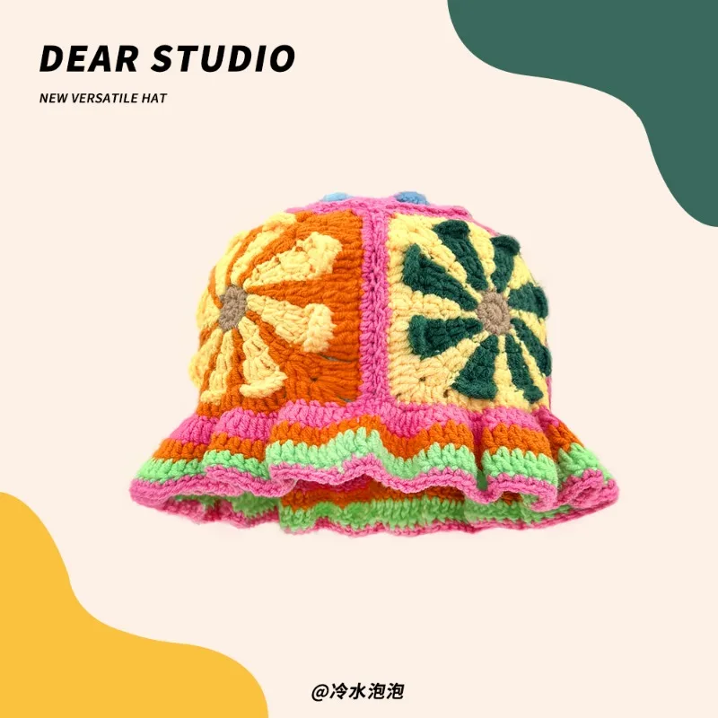 

Japanese Sweet Hollow Flower Knitted Bucket Hat Women Spring and Autumn Dopamine Contrasting Color Hand-crocheted Basin Caps